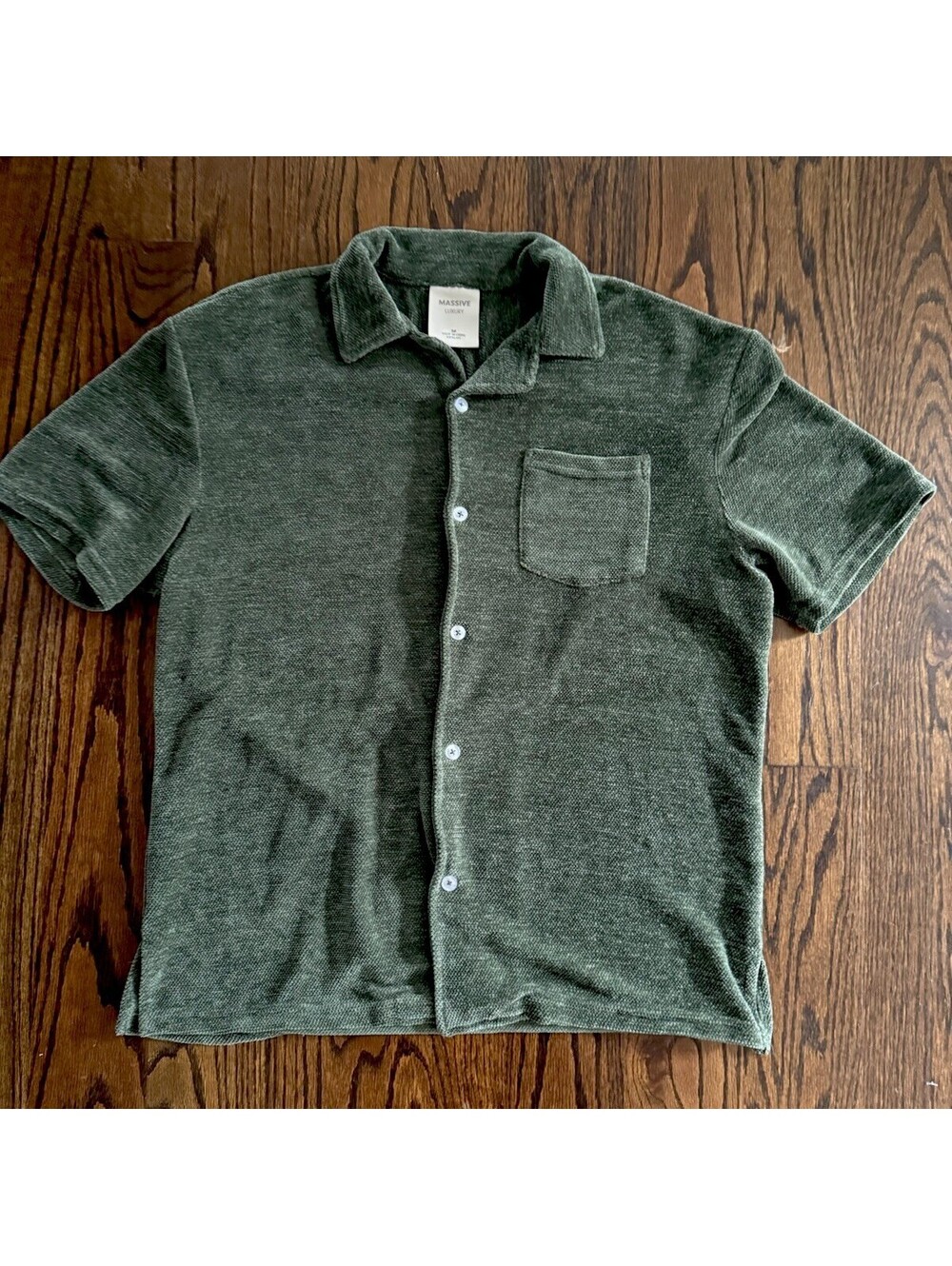 Massive Luxury Men’s M Green Chenille Button Up Shirt Camp Collar Pocket